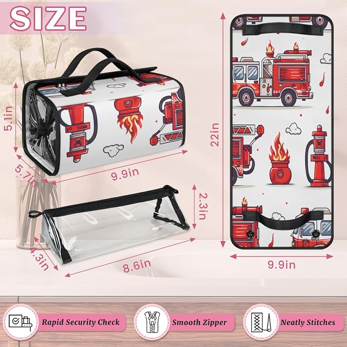 Fire Truck Makeup Bag for Women Hanging Roll-Up Travel Organizer Toiletry Kit with 4 Removable Compartments, Transportation