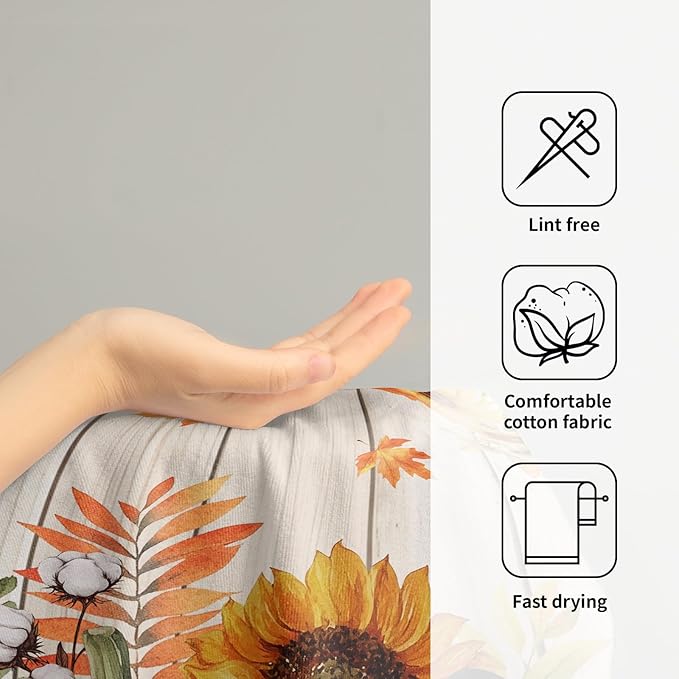 Giwawa 2PCs Fall Autumn Towel- Orange Green Pumpkin Sunflowers Birds Wood Board Hand Face Towels- Thanksgiving Harvest Leaf Soft Microfiber Dish Towel for Bathroom Guest Season Hotel Gym Decor