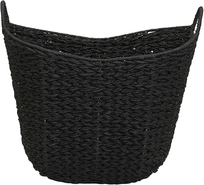 Household Essentials Handwoven Paper Rope Storage Basket with Metal Frame and Handles, Black