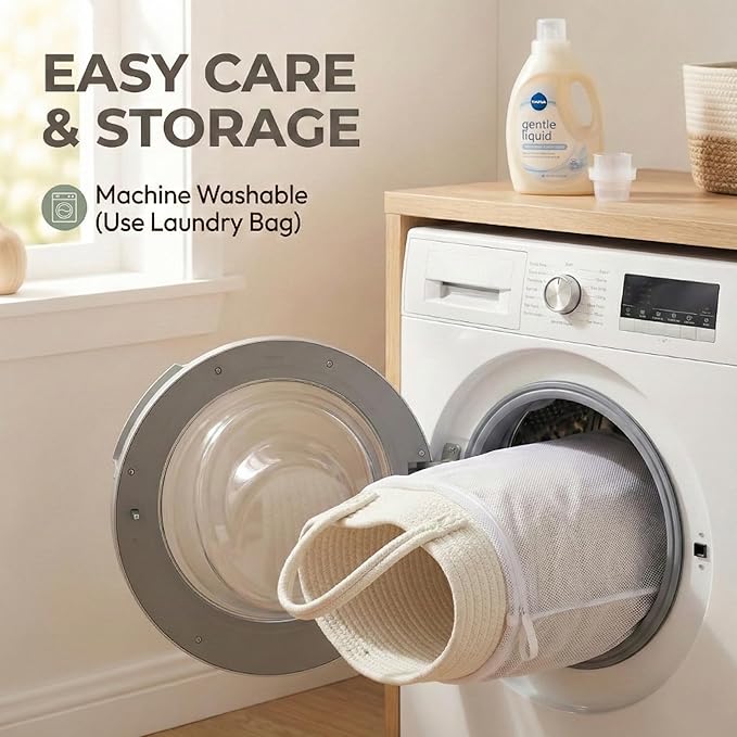 JMvicyroam 115L Extra Large Machine Washable Cotton Rope Blanket Basket | Collapsible laundry hamper, Reinforced handles, For blankets, pillows, toys and clothes, Living room and bedroom, White