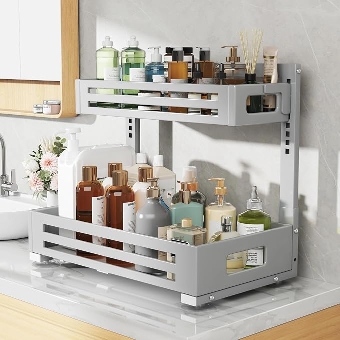2 Pack 17IN-Depth Under Sink Organizer,Pull Out Cabinet Organizer With Smooth Cylindrical Rail,Metal Slide Out Drawer for Kitchen Bathroom Laundry,8-Level Tool Free Height Adjustable-Gun Gray