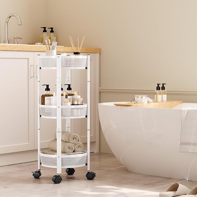 TOOLF 3 Tier Foldable Rolling Cart, Metal Utility Storage Cart, White | Assembly-Free, Lockable Wheels, Round Trolley Organizer for Bathroom, Kitchen, Office, Dorm, Laundry, Craft Room