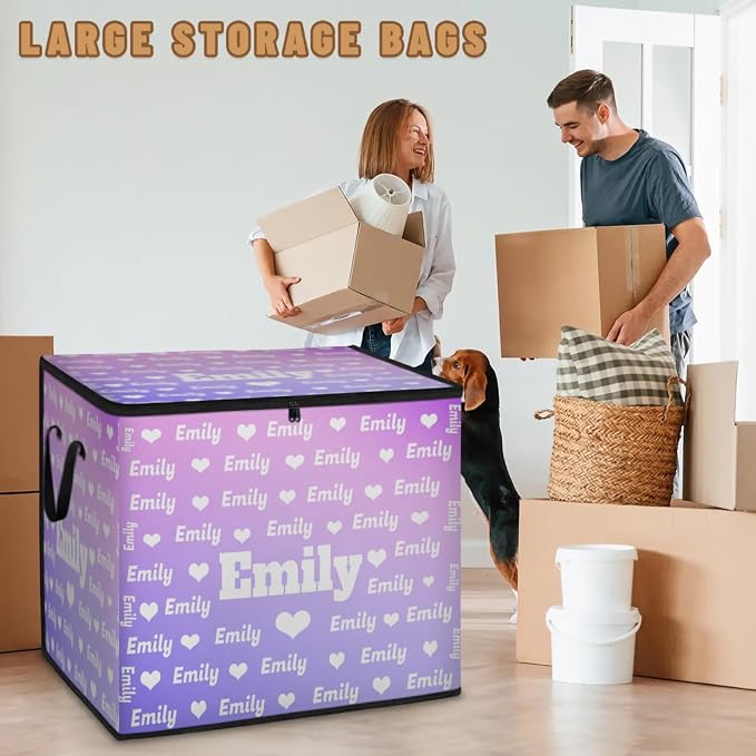 Personalized Extra Large Storage Basket with Lid, Comforters, Bedding Storage Bin with Handles for Home, Collapsible Basket Love Hearts Gradient Light Purple for Clothes, Moving, Car Trunk