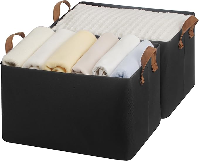 StorageWorks Closet Storage Bins, Black, Large, 2-Pack | With Reinforced PU Handles, Metal Frame, Collapsible, Storage Basket for Shelves, Closet, Holds Clothes, Towels, Blankets