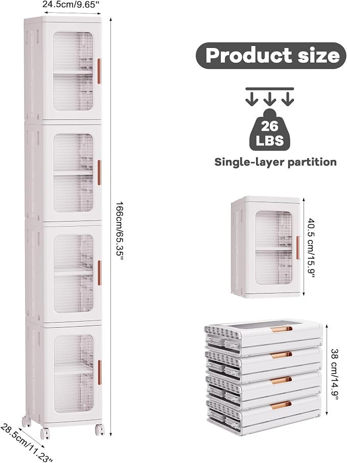 4-Tier Tall Narrow Plastic Storage Cabinet of 2, Foldable | Rolling Organizer with Lid,Doors,Stackable, Adjustable Shelves, Durable PP,Freestanding Bathroom Cabinet for Small Slim Space
