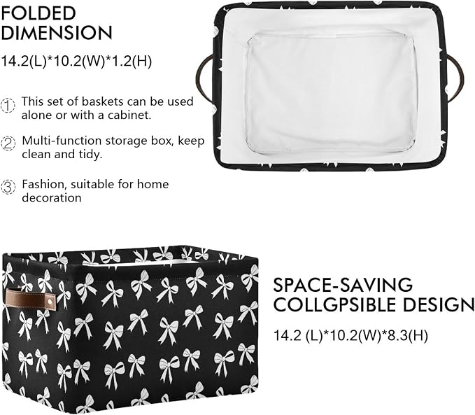 Wamika Black White Bow Storage Basket with Waterproof Liner and PU Handles Coquette Bowknot Storage Bins Boxes 14.2" Collapsible Decorative Organizer Baskets for Bedroom Closet Office 2 Pack