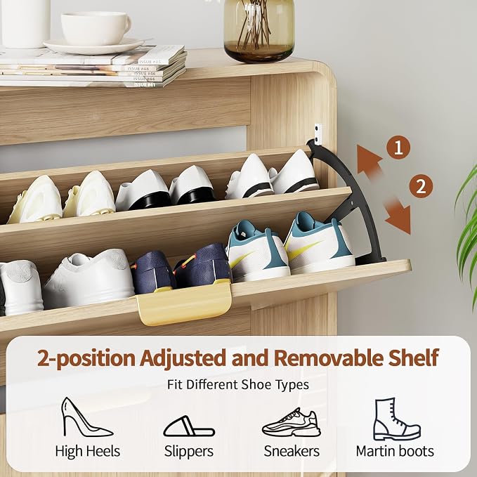 Shoe Storage Cabinet with 2 Flip Drawers for Entryway, 27.5" Freestanding Hidden Shoe Rack Cabinet, Narrow Shoe Organizer for Hallway, Foyer, Oak