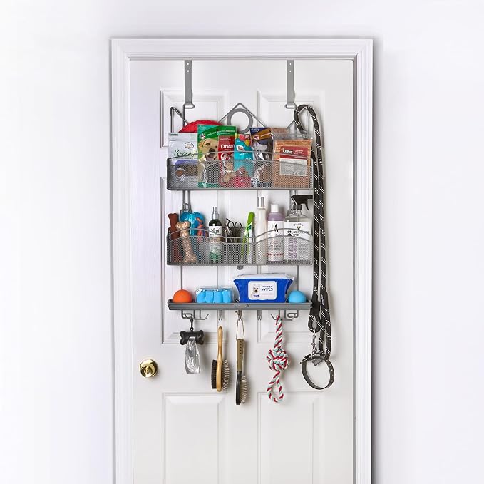 Over The Door #3100 Hanging Storage for Keys and Pet Supplies, All-in-One Rack in Grey Patented