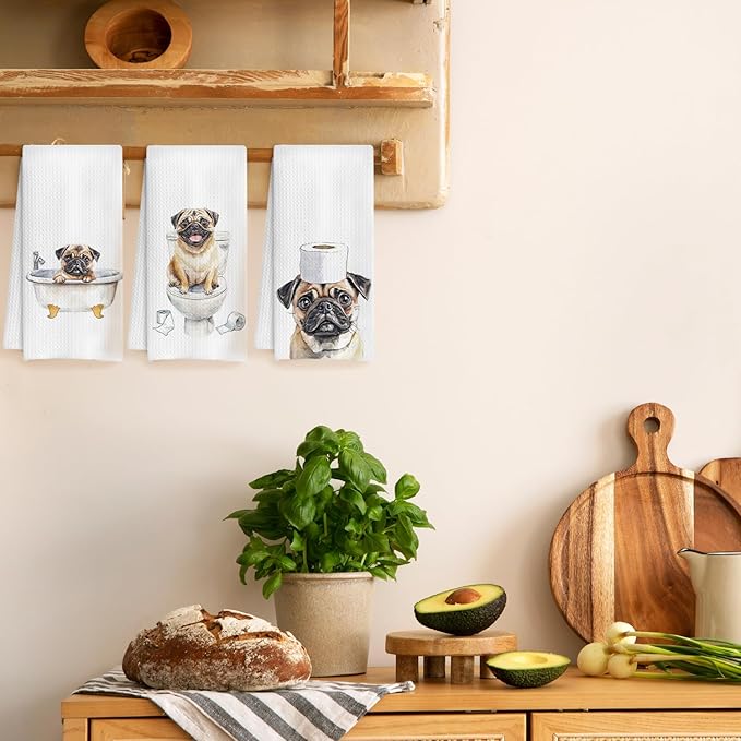 Pug Decor Kitchen Towels, Set of 3, 16x24 Inch, Cotton, Rustic, Absorbent & Quick-Drying, Multi-Purpose, Gift Idea