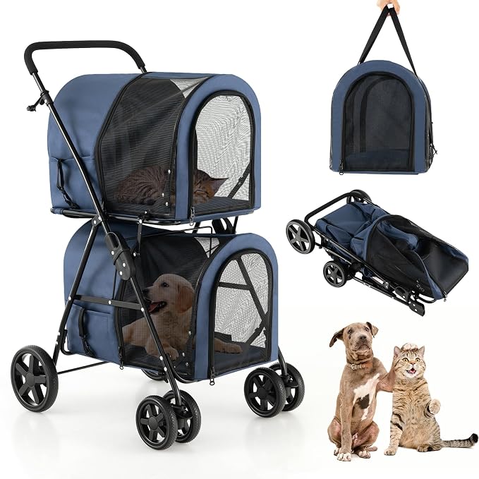 Dog Stroller with 2 Detachable Carrier, Pet Stroller for Small Medium Dogs Cats, Jogger/Travel/Camping, 4-in-1 Doggy Pet Carrier, Carrier Strolling Cart with Lockable Wheels (Navy Blue)