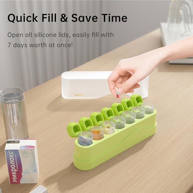 KOVIUU Weekly Pill Organizer 1 Time a Day, Detachable Pill Box 7 Day, Green | Travel Pill Case | Once Daily Medication Dispenser | Week Pill Holder Container for Vitamin, Medicine, Supplement | BPA-Free