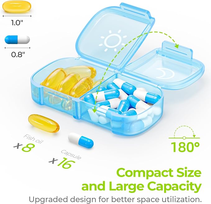 AUVON Weekly Pill Organizer 2 Times a Day, One-Sided Opening, Easy to Use | AM PM Pill Case, XL Pill Box 7 Day, Travel Medication Organizer for Medication, Vitamins, Fish Oils, Supplements, Blue
