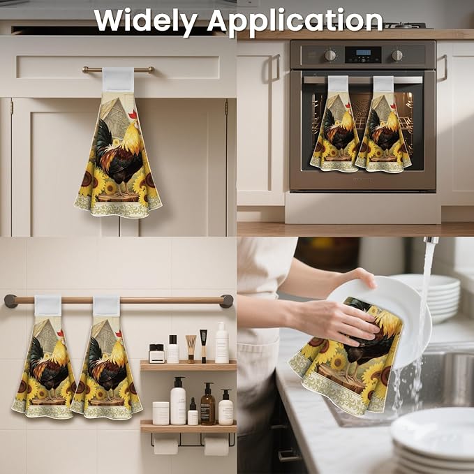 CUTHOLLOW Rooster and Sunflower Hanging Kitchen Towels with Loop, Set of 2 - Soft & Super Absorbent Microfiber Decorative Hanging Dish & Hand Towel, Tea, Coffee Towel for Kitchen Bathroom Oven Handle