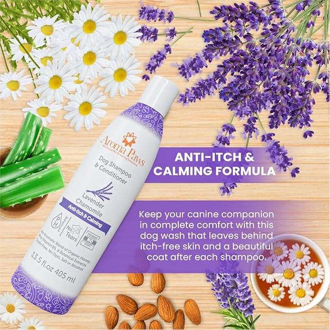 Dog Shampoo and Conditioner - Aromatic Tearless Shampoo for Cleansing, Grooming, and Conditioning - Moisturizing Shampoo for Dogs and Puppies - Lavender Chamomile 13.5 oz