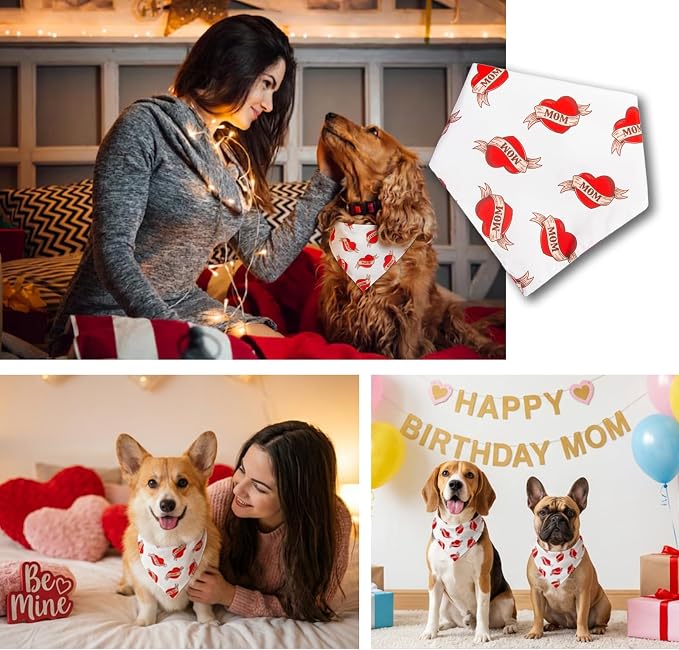 Valentines Day Dog Bandanas - Vintage Mom Heart Print, Holiday Costume Pet Scarf, Adjustable Snap Button for Small & Medium Breeds (5-30lbs)