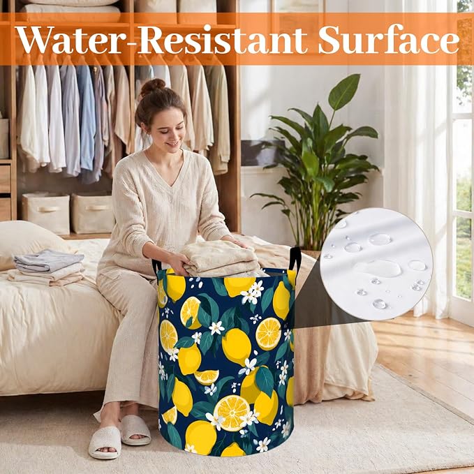 Lemon Floral Laundry Basket, Blossom Fruit Oxford Cloth Dirty Clothes Collapsible Hamper for Room Decor, Botanical Gifts, Toy Organizer 19.7 x 15.7 Inches for Bedroom Bathroom Dorm