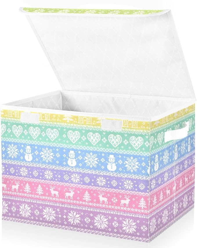 Christmas Deer Fabric Storage Bins with Lid Closet Storage Basket | Foldable & Stackable, Flip Top Dust Guard, Reinforced Handles, Home & Bedroom, Clothes & Toys, Oxford Print Basket