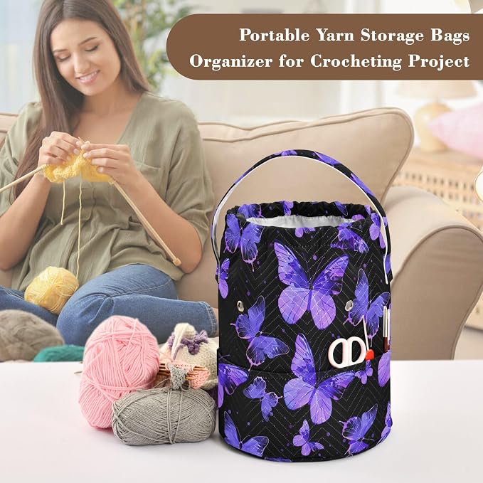 Fustylead Hand Draw Purple Butterflies Silhouette Large Crochet Organizer, Durable Polyester Drawstring Basket Yarn Storage Bag for Crochet Hooks, Knitting Needles, Project and Sewing Supplies