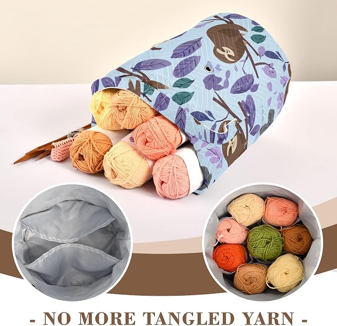 Tatenale Crochet Bag Yarn Bag Knitting Project Bag with Pockets and Handle Portable Yarn Storage Organizer Tangle Free 8.3x11 InchCartoon Sloths Branch Purple35