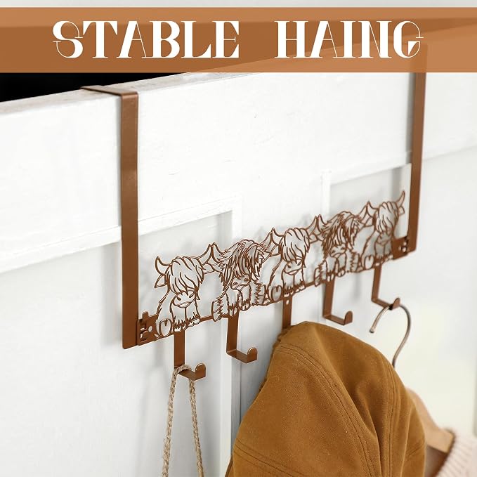 AceOrbit Highland Cow Over The Door Hooks Hanger 5 Hooks Rustic Decor | for Bedroom Bathroom, Organizes Towels Hats Clothes, Farmhouse Decor, Over the Door for Kids