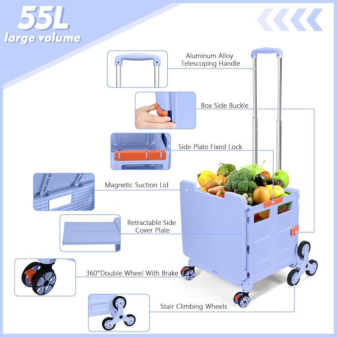 Foldable Utility Cart Folding Portable Rolling Crate with Magnetic Extended Lid,360°Rotate Wheels,176LBS Load Capacity,Heavy Duty Durable Dolly Cart(Blue)
