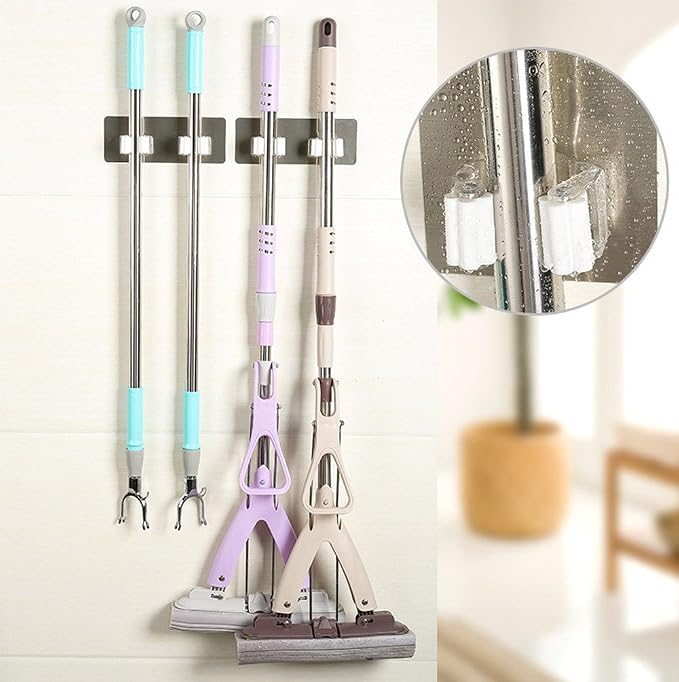 BCDlily Wall Mounted Mop Hanger Organizer Mop and Broom Holder Brush Storage Rack Kitchen Tool (White)