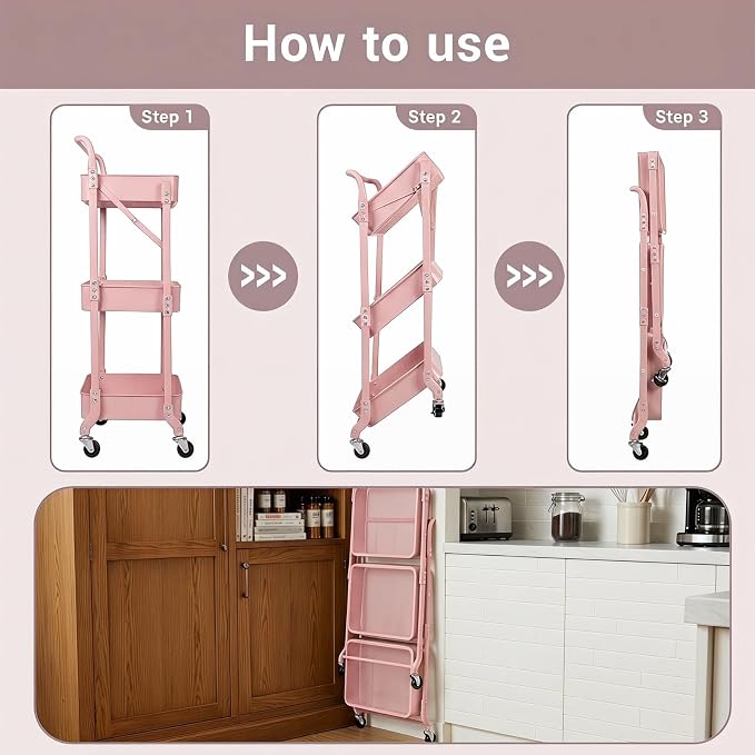 Amatic 3-Tier Folding Rolling Utility Cart with Wheels, Foldable Storage Cart Organizer with 3 Hanging Cups & 6 Hooks for Kitchen, Office, Living Room, Nursery(Pink)