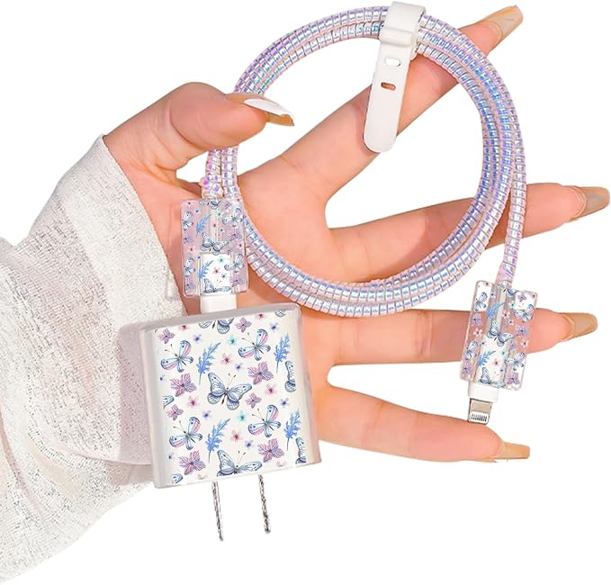 Cute Cable Protector for iPhone Apple Charger,Pretty Violet Blue Butterfly Design,Data Cable USB Case Cord Saver Phone Charger Protector for iPhone 11 12 13 14 Pro Max XS XR X 7 8 Plus