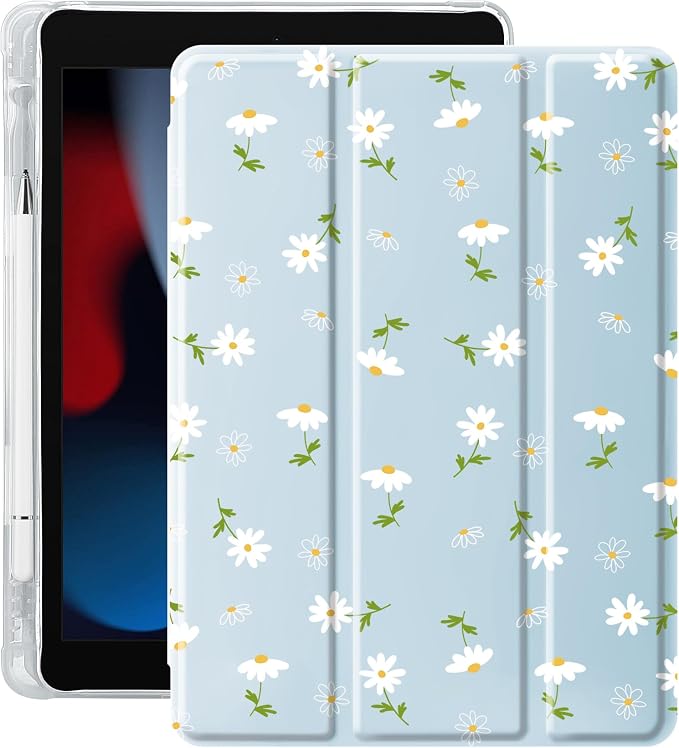 Cute White Floral Case for 13" iPad Pro(2024), Clear TPU Smart Stand Back Cover with Pencil Holder, Auto Wake/Sleep Foldable Shockproof Protective Case