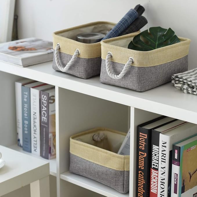 Storage Bins for Organizing,Sturdy Storage Basket, Decorative Foldable Storage Baskets for Shelves Closet Toy (Gold&Grey Medium - 3 Pack 13.8L×9.8W×6.7H inch)