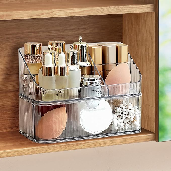 Medicine Cabinet Organizer 2 Tier, Stackable Bathroom Makeup Organizers | Small Bathroom Mirror Cabinet Storage with 1 Drawer and 1 Tray for Wall Cabinet，Closet，Vanity, Countertop, Clear
