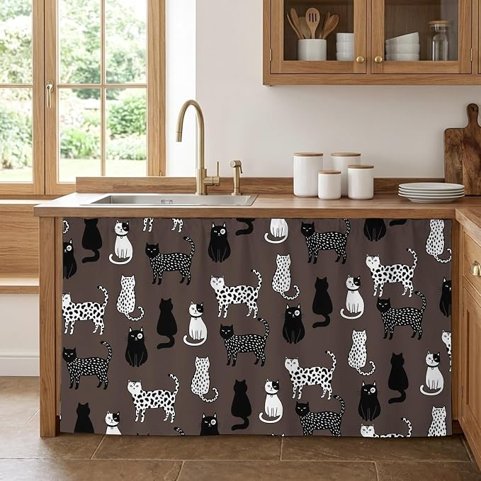 Cat Animal Cabinet Curtain 28"Wx51"L, Dustproof Storage Cabinet Curtain with Self Adhesive Tape, Black White Earthy Tone Vintage Pet Tall Pantry Cover Drape for Kitchen, Laundry Room, Utility Closet