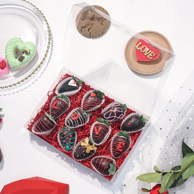 RomanticBaking 50PCS 10x7x2 inches Clear Cookie Boxes Strawberry Boxes | Bakery Boxes Macaron Boxes Gift Boxes Treat Boxes for Party Favors