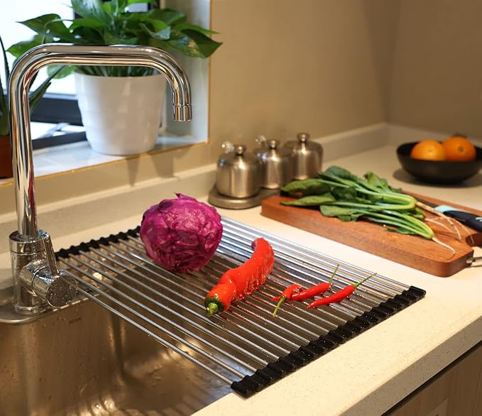 Ahyuan Roll up Dish Drying Rack Over The Sink Kitchen Roll up Sink Drying Rack Stainless Still Portable Drainer Foldable Dish Rack (Black, 17.8''X13.5'')