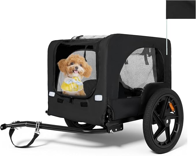KEIKI Dog Bike Trailer with Built-in Leash, Pet Stroller Cart Bicycle Carrier, Easy Folding Cart Frame with Front Caster & 16" All-Terrain Wheels & Universal Hitch, Supports up to 66 lbs