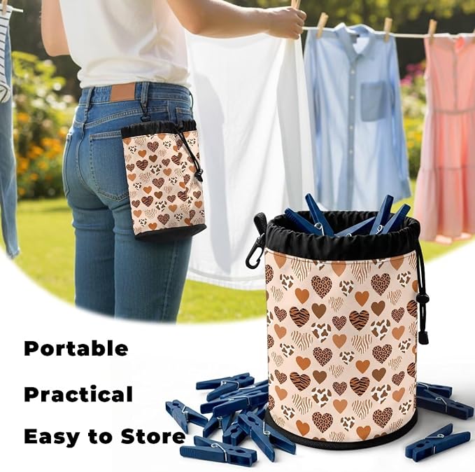 Drawstring Clothespin Pouch, Heart Leopard Print Laundry Peg Bag Organizer with Multi-Hanging Feature, Portable Storage for Clips, Perfect for Drying Rack, Camping & Home