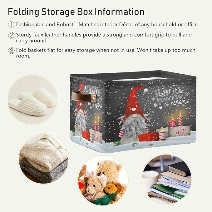 Winter Gnomes Storage Basket Fabric Kitchen Baskets Let it Snow Christmas Decorations Open Home Storage Bins Boxes Foldable Organizer Bag for Toy Book Shelf Closet Baskets 16×12×8 Inches 2 Pack