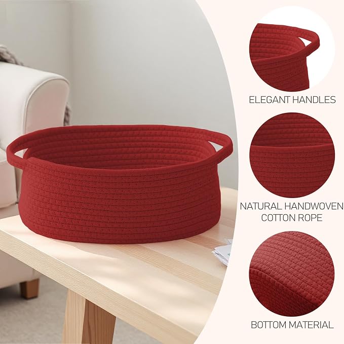 JMvicyroam Small Woven Basket, Empty Gift Basket, Red/3 Pack | Small Gift Basket, Cotton Rope, 12 x 8 x 23 in, Handles, Includes Ribbon and Bag, Birthday Gift Basket