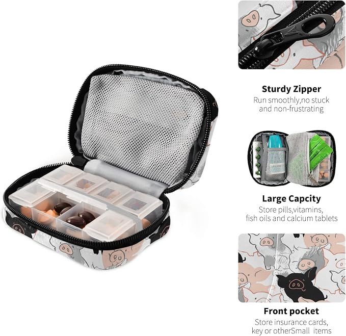 Cute Pigs 7 Day Pill Organizer Travel Pill Case Portable Weekly Pill Box Bag Container Vitamin Supplement Holder with Zipper for Family Business