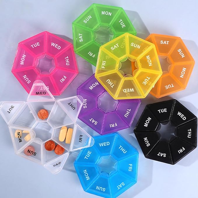 4X Travel Pill Organizer, Small Weekly Portable Pill Box Dispenser | 7 Compartments Weekly Medicine Vitamin Supplement Holder Reminder, Arthritis-Friendly (Black, Yellow, Green, Transparent)