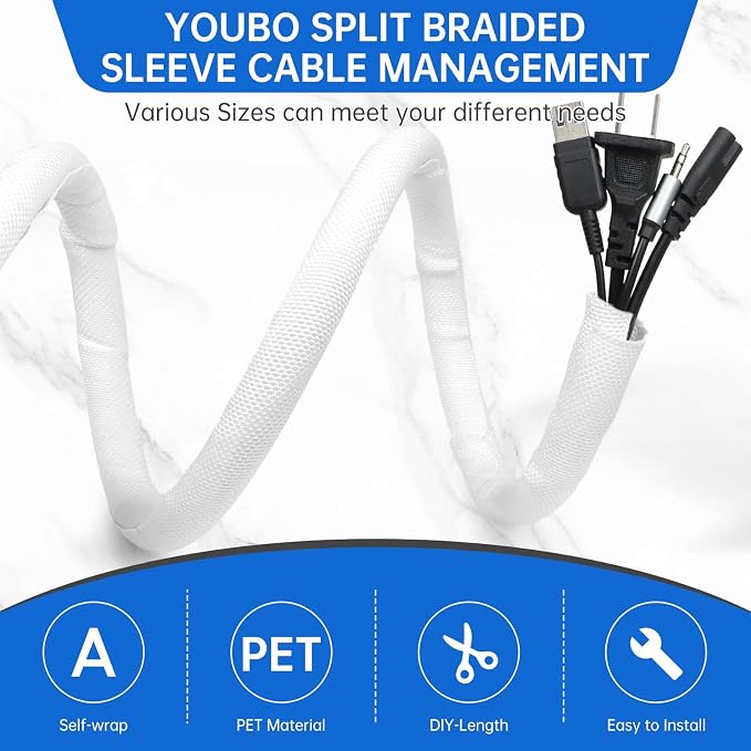 Split Braided Cable Sleeve，Flexible Wire Loom Tubing, Automotive Cord Protector Pet Proof, Cable Management for Computer TV Electric Wires Harness 16ft (White, 19mm（3/4")
