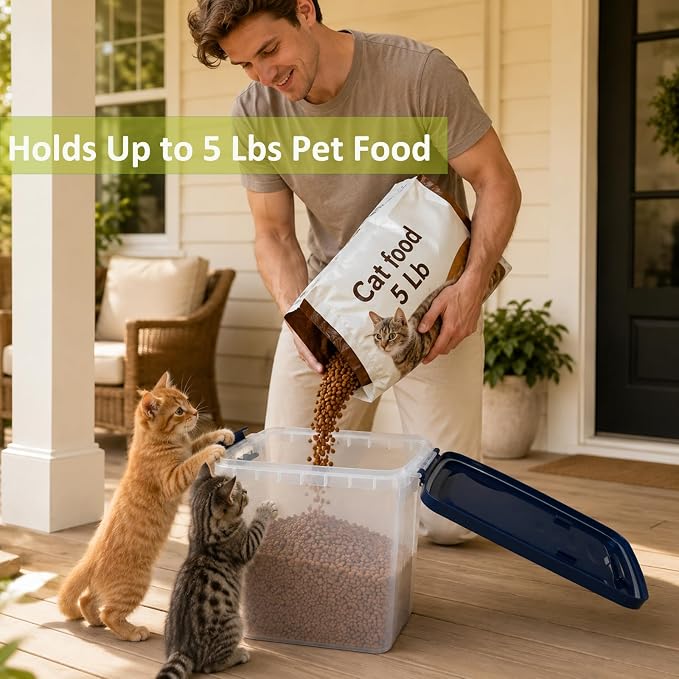 5-10 Lbs Airtight Cat Dog Food Storage Container, 8QT Compact Pet Food Bin | Plastic Food Container with Buckle-Lock Lid & Scoop for Dog, Cat, Bird Seed, Pet Food, Chicken, Dry Food, Rice, Cereal, Flour