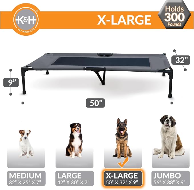 K&H Outdoor Elevated Dog Bed, Cooling Raised Dog Bed, Charcoal, XL 50x32in | Pet Cot for Large & Extra Large Pets, Breathable Mesh Center Hammock Design, Indoor/Outdoor Washable Cover, 50x32in