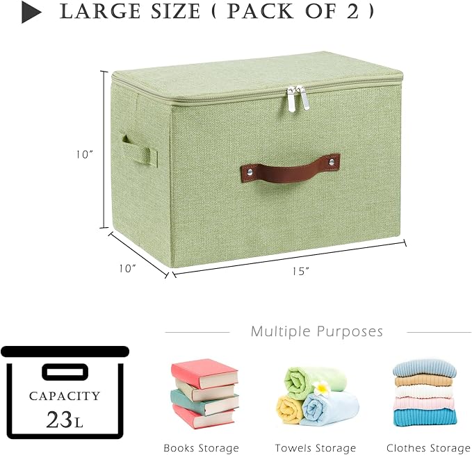 2PCS Storage Bins with Zipper Lids Decorative Lidded Basket Box | Clothes Container, Closet Shelf Organizer, Foldable Washable, Cotton Linen Fabric, w/ PU Leather Handles, Green, Large