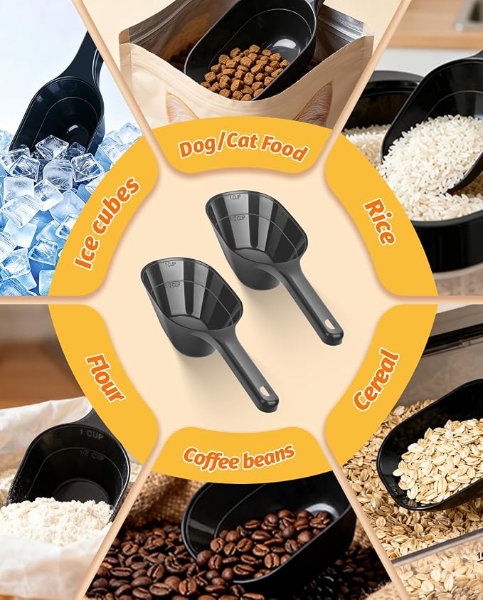 2 PACK Dog Food Scoop,1 Cup Capacity Pet Food Scoop For Dog and Cat (Black) | Clear Markings for Precise Measuring 1/2 and 1 Cup Line, Dishwasher Safe,Plastic,Portable and Sturdy