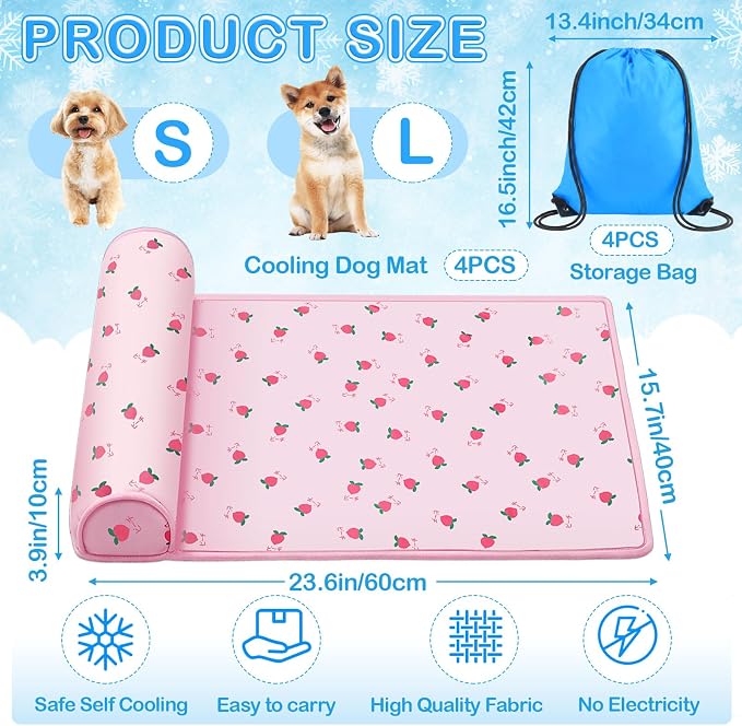 DoubleFill 4 Pack Cooling Pet Mats 15.7" x 23.6" Cooling Dog Beds with Supportive Pillow Self Ice Washable Cool Pads Summer Cat Sleeping Pad with Storage Bag for Summer Crate Floor (Small, Pink)