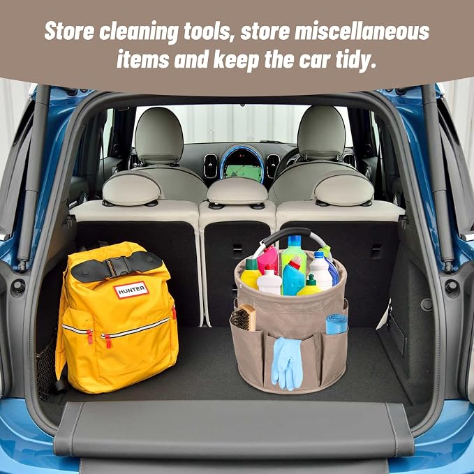 17L Portable Cleaning Bucket Organiser, 6 Pockets Foldable Cleaning Caddy with Handle Wearable Cleaning Caddy Bag for Outdoor Camping Garden Harvest Basket Home Bathroom Storage (Khaki)
