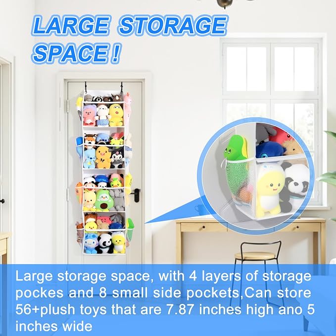 Over the Door Stuffed Animal Storage, Holds Up To 75 lbs, Easy View Over The Door Storage, Versatile For Stuffed Animal, ideal for Storing Small To Medium Items On Any Door.(White)