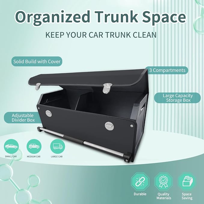 Car Trunk Organizer Leather Car Storage Organizer with Lid Car Organizer | Suv Trunk Organizer with Sturdy Handle Car Cargo Storage Box for Minivan, Sedan, Jeep (Black, 27 x 11.4 x 12.2in)