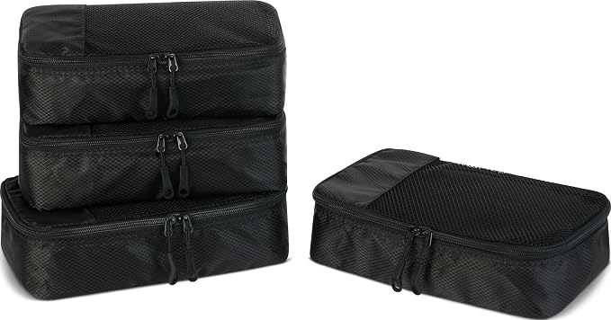 Amazon Essentials 4-Piece Space-Saving Packing Cubes Travel Accessories Set, Luggage Organizer with Double Zipper, Mesh Top, Small, Black (Previously Amazon Basics)